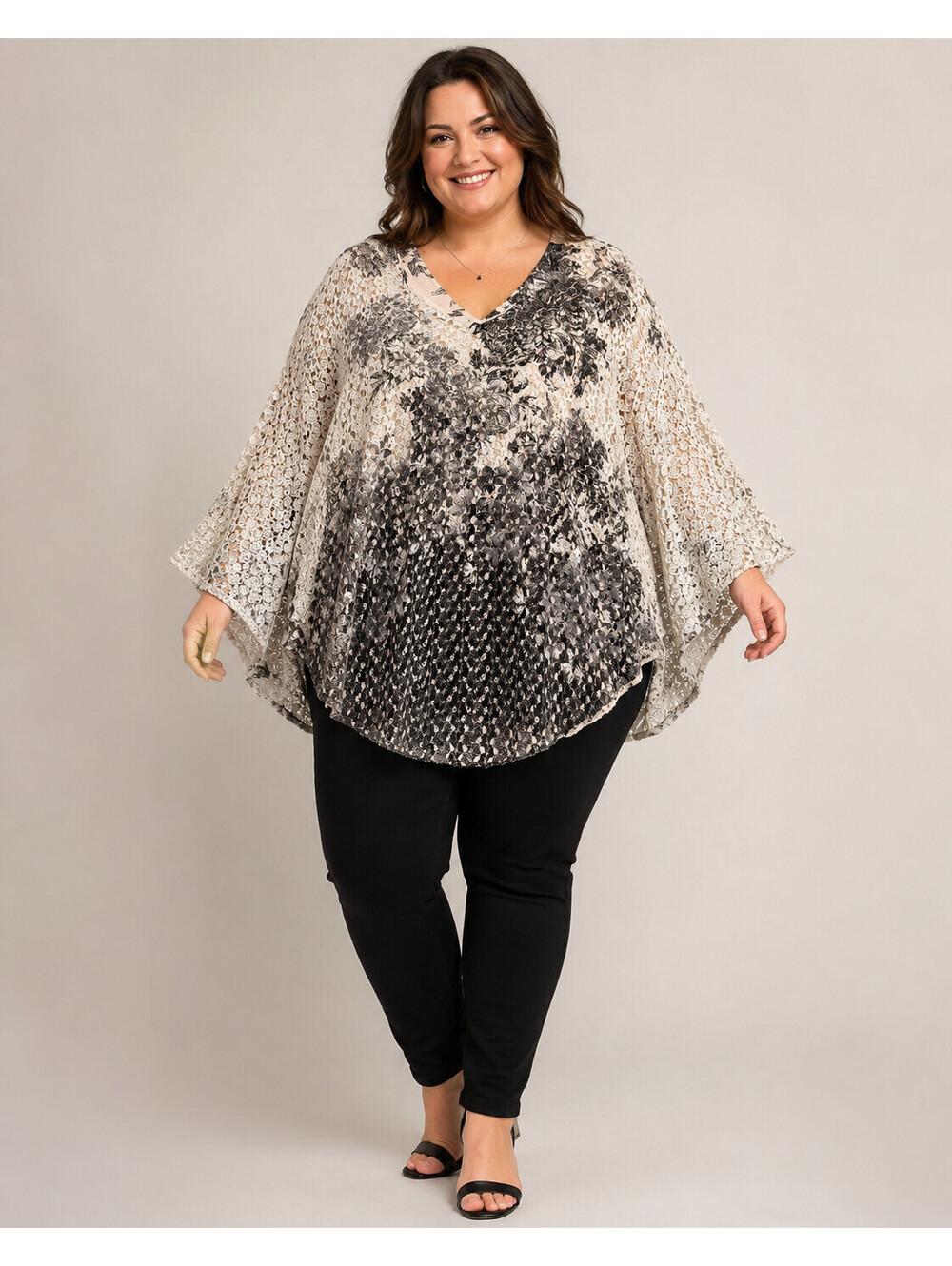 Brittany Black Plus Size XL Floral Lace Poncho Lined V-Neck Drapey Top
